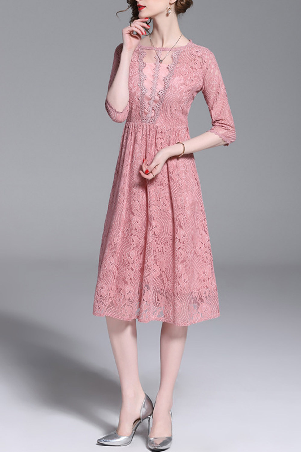 Women Flower Lace High Neck Below Knee Dress Dresses