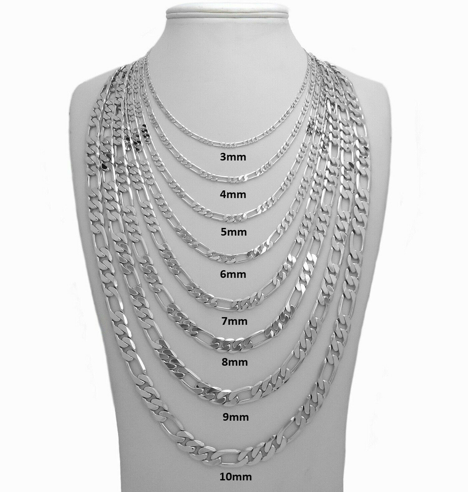 18K White Gold Filled Figaro Mens Boys Chain Necklace .925 Italy All ...