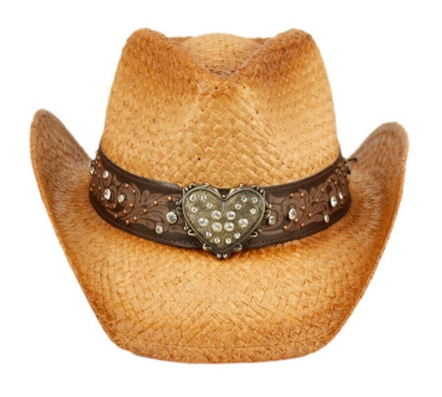 Cowboy Hat Heart Crystal Straw  Studded Leather Western Concert Fancy Hat
