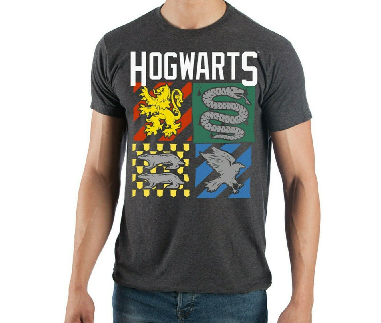 Harry Potter Shirt Hogwarts Crest Licenced Tee Charcoal Grey Mens Size ...