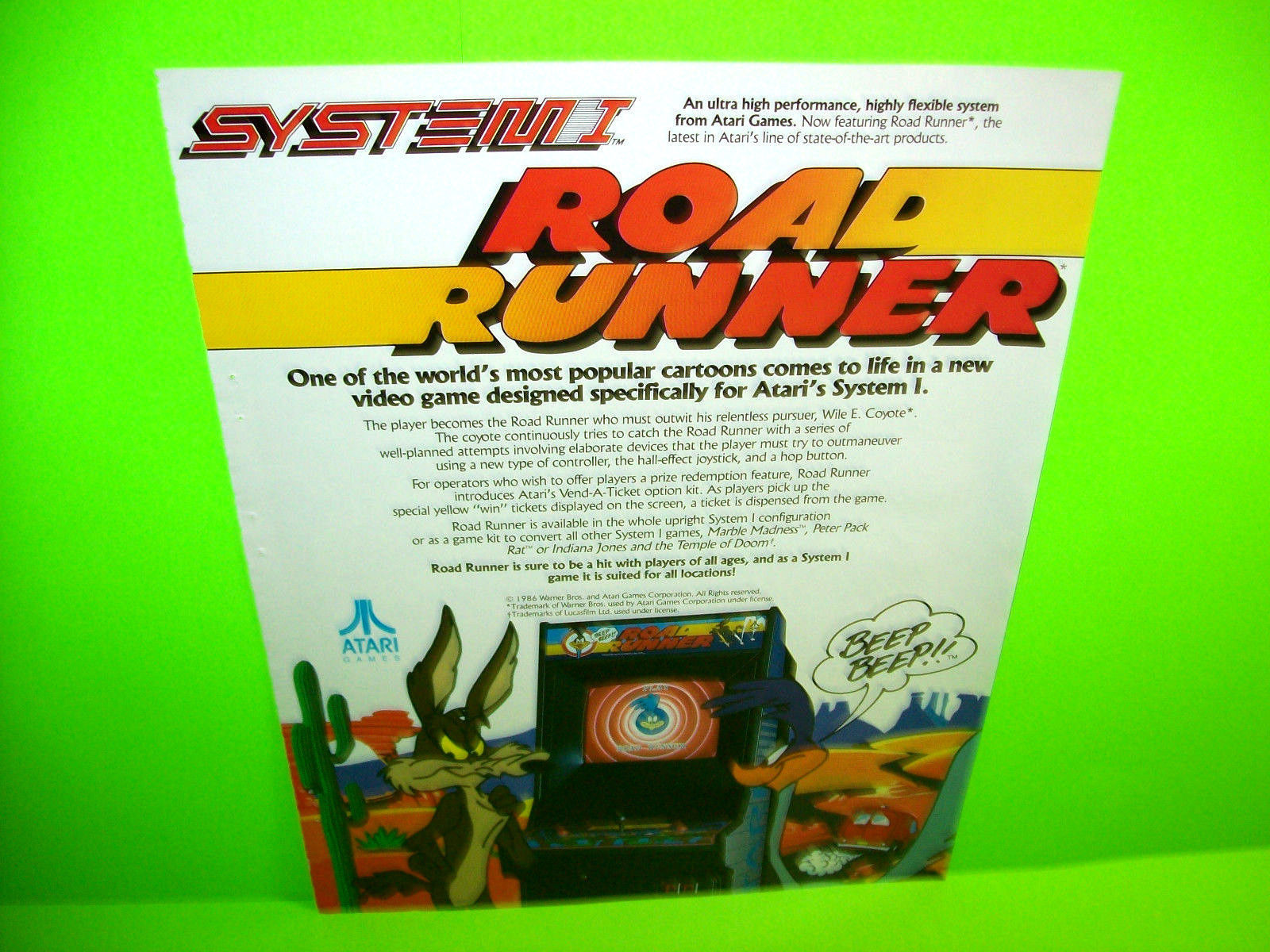 Atari ROAD RUNNER 1986 Video Arcade Game Promo Ad w/ ARKANOID Ready To