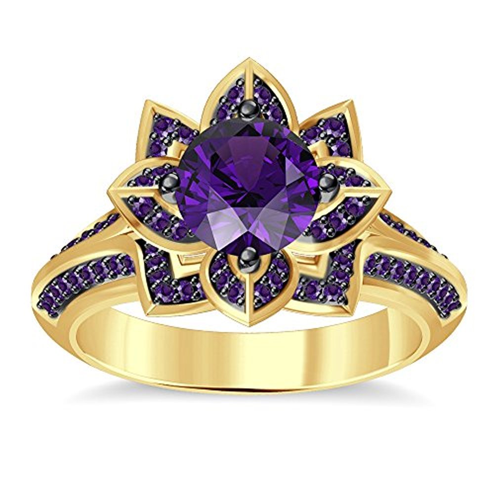 Solitaire Purple Amethyst Engagement Lotus Flower Ring in 14K Yellow Gold Fn