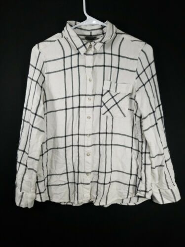 Primary image for Eddie Bauer Womens White Black Plaid Button Front Long Sleeve Blouse Size Large