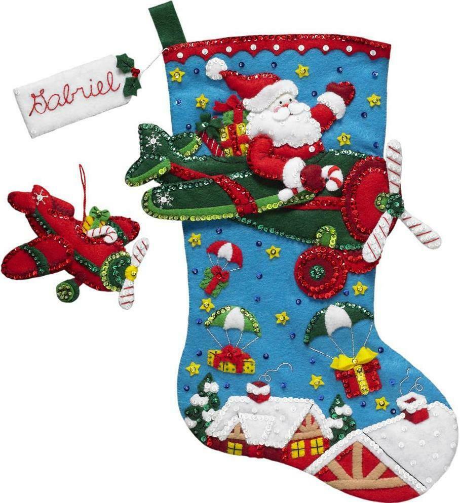 BUCILLA FELT JEWELED CHRISTMAS STOCKING KIT SANTA POINSETTIA TREE FLOWERS GIFTS