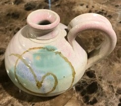 1990 Signed Handcrafted Pottery Oil Lamp Handled Vase Seafoam Green Pink... - $23.50