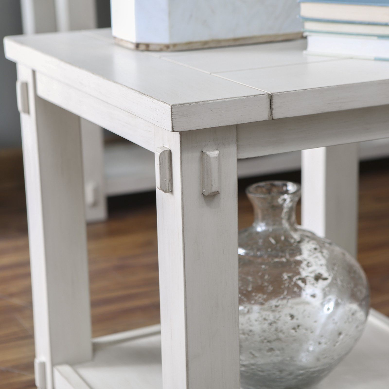 Coastal Cottage Modern Farmhouse Antiqued Off White Wood End Table
