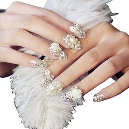 Stylish Wedding Bridal Nail Jewelry French Nails Rhinestone Nail Art False Nails
