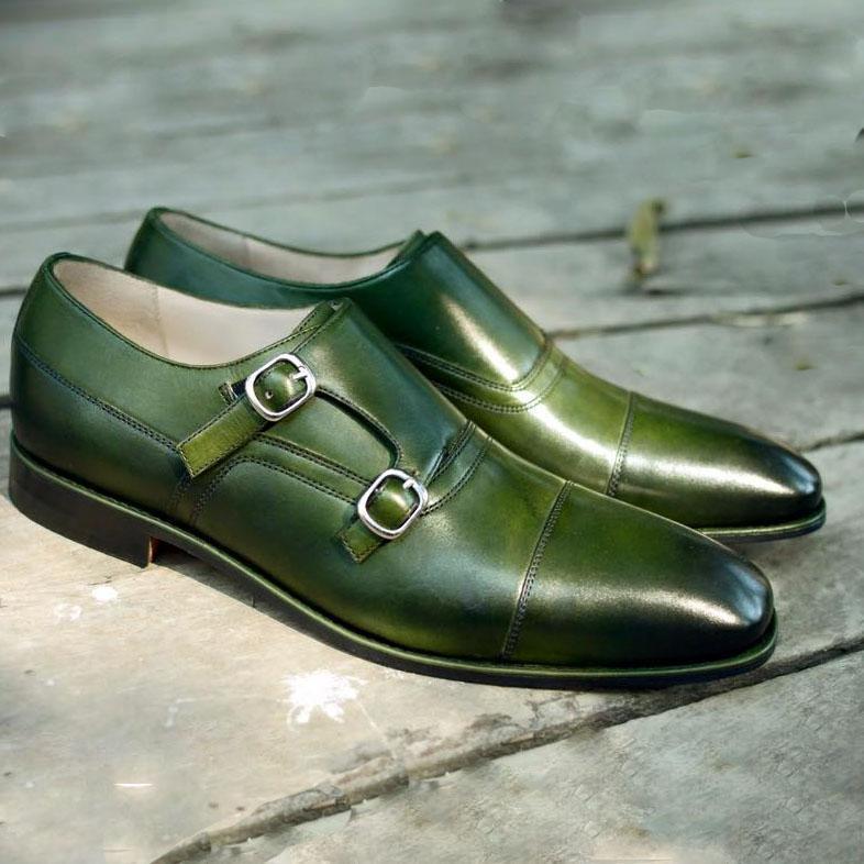 New New handmade Handcrafted Olive Green double monkstrap men's shoes, men shoes