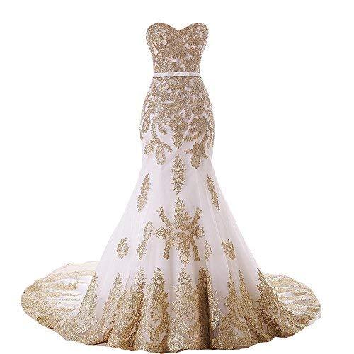 Lemai Mermaid Long Ivory Tulle Gold Lace Corset Sweetheart Wedding Dresses US 14
