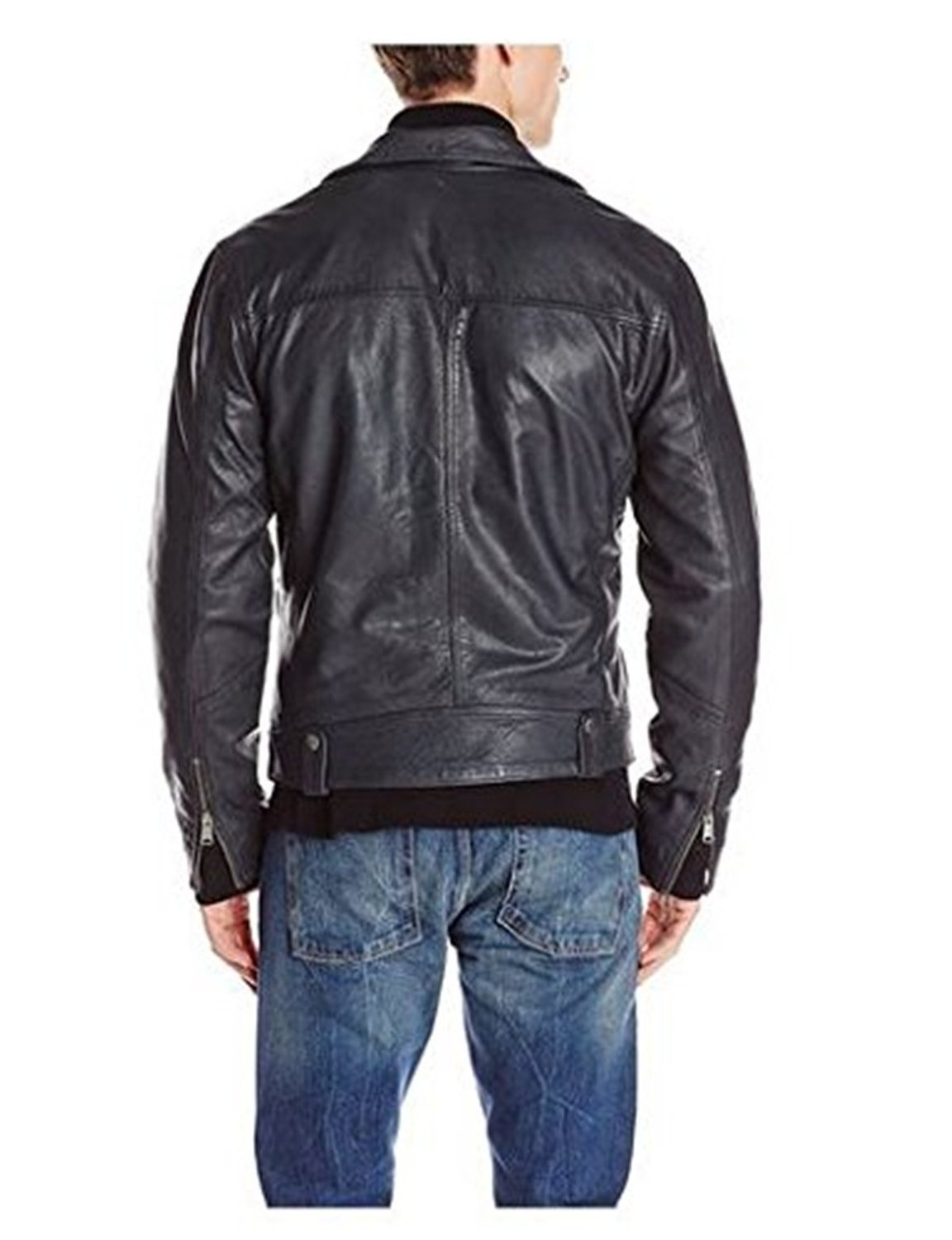 Mens Leather Jacket Black Lapel Collar Epaulets Double Ribbed Leather