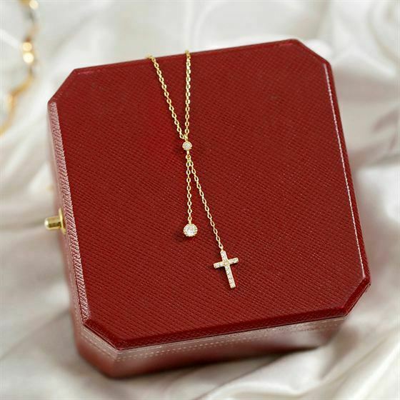 1.30Ct Diamond Charm Cross Drop Pendant Lariat Women's Necklace 18K Gold Finish
