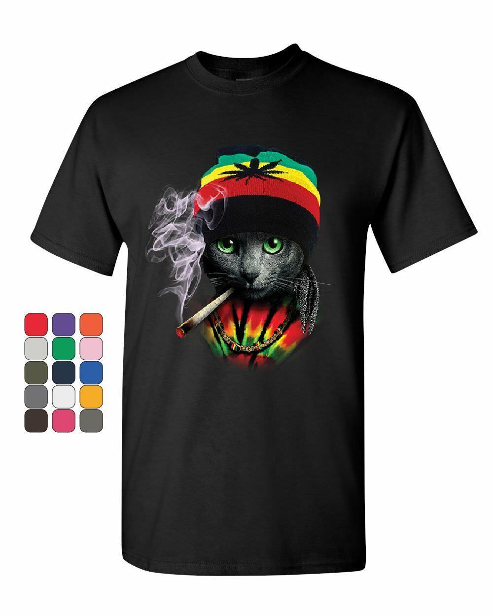 Rasta Cat T-Shirt Smoking Joint 420 Jamaica Marijuana Pot Weed Mens Tee Shirt