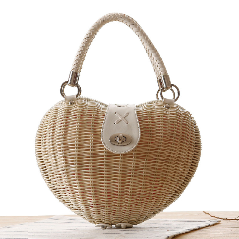 SUDS 2019 Summer Holiday Beach Bags Women Heart-Shaped Straw Weave Handbags Famo - Handbags & Purses