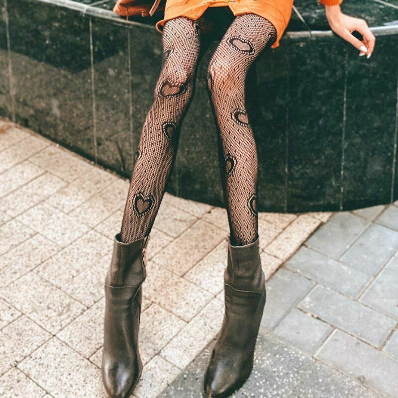 Women Heart Dot Fishnet Pantyhose Gothic Punk Hollow Out Mesh See-Through Tights