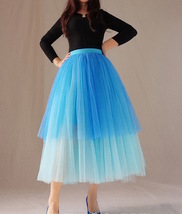 Women Blue Layered Tulle Skirt Blue Puffy Tulle Skirt Outfit Custom Plus Size  image 2