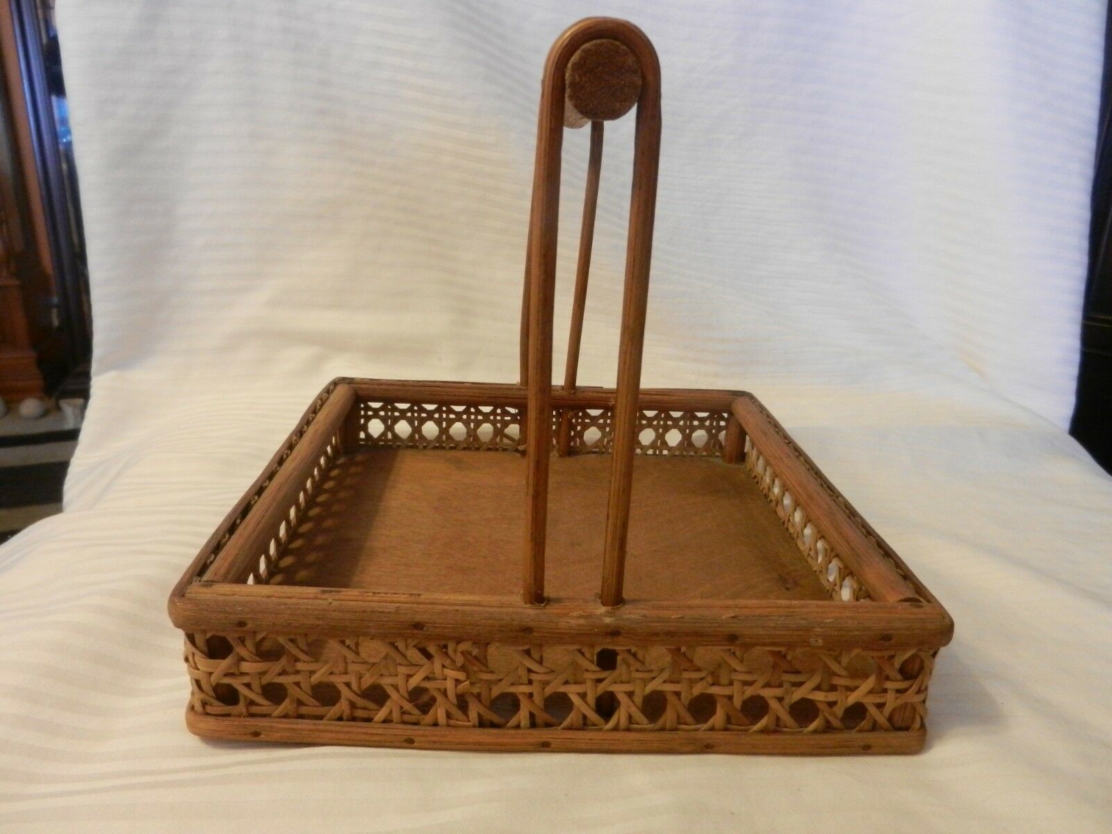 Vintage Wood & Wicker Square Napkin Holder With Handle Napkin Holders