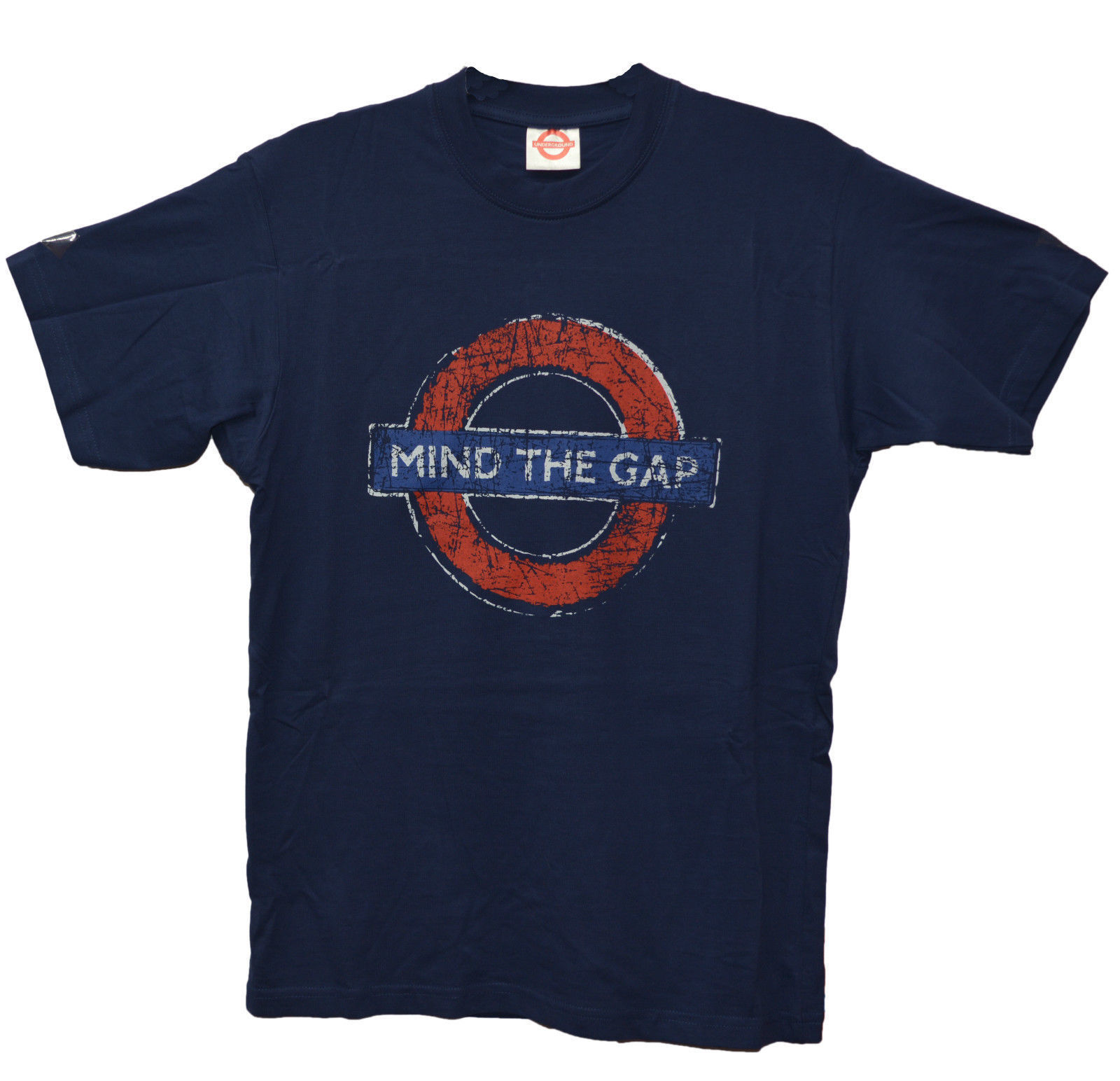 Image of London Underground Train Tube Distressed logo Mind The Gap Navy Blue T Shirt Top