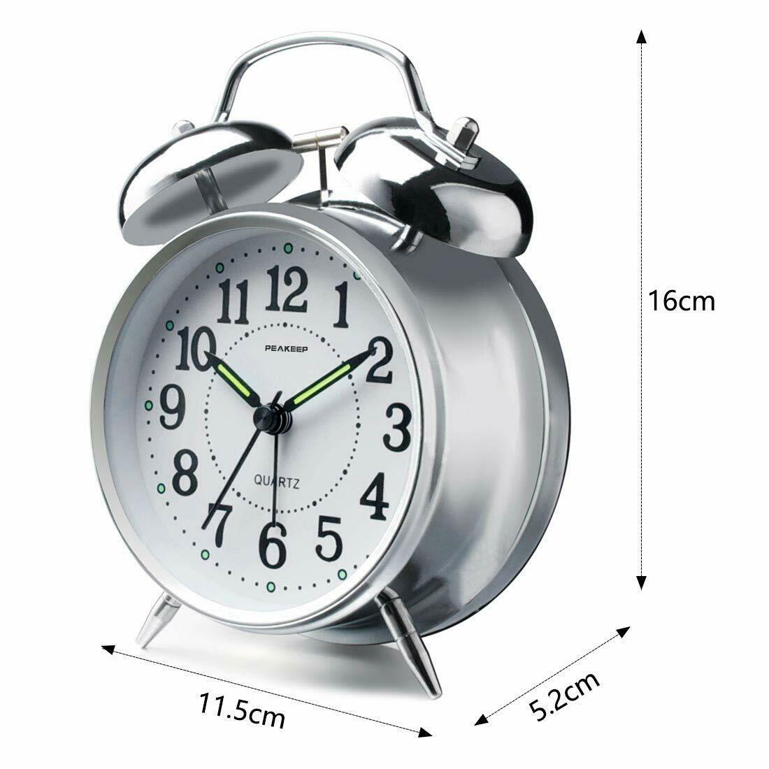 Analog Alarm Bedside Clock Silver Metal Retro Twin Bells Shabby Chic ...