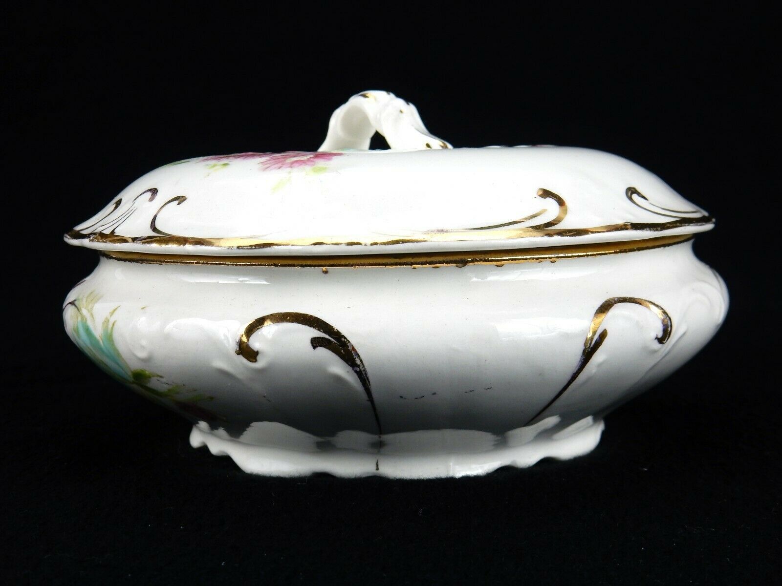 Porcelain Covered Dresser Dish, Dresden SemiPorcelain, Pink Flowers With Gold T Dresden