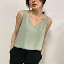 Silver Blue White Sleeveless Chiffon Tank V-Neck Sleeveless Chiffon Casual Tops image 8