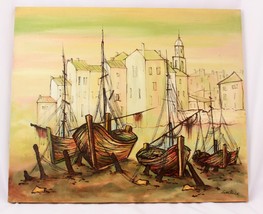 Mid Century Original Oil On Canvas Harbor and Boats 20 X 24 Unframed - $163.63