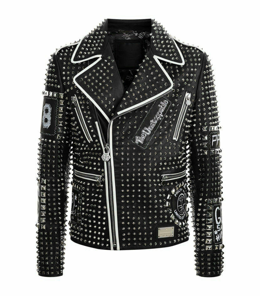 Men PHILIPP PLEIN Leather Coat Black Color Studded Embroidery Patches Jacket PP