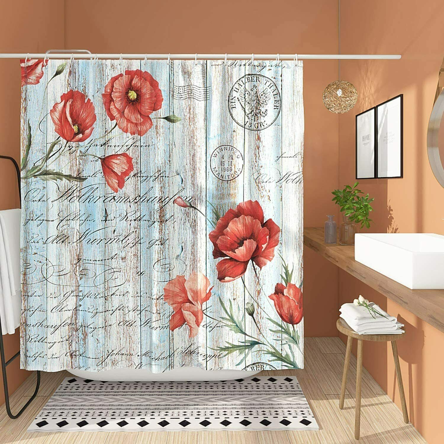 Victorian Poppy Floral Watercolor Blue Red Wood Farmhouse Fabric Shower ...