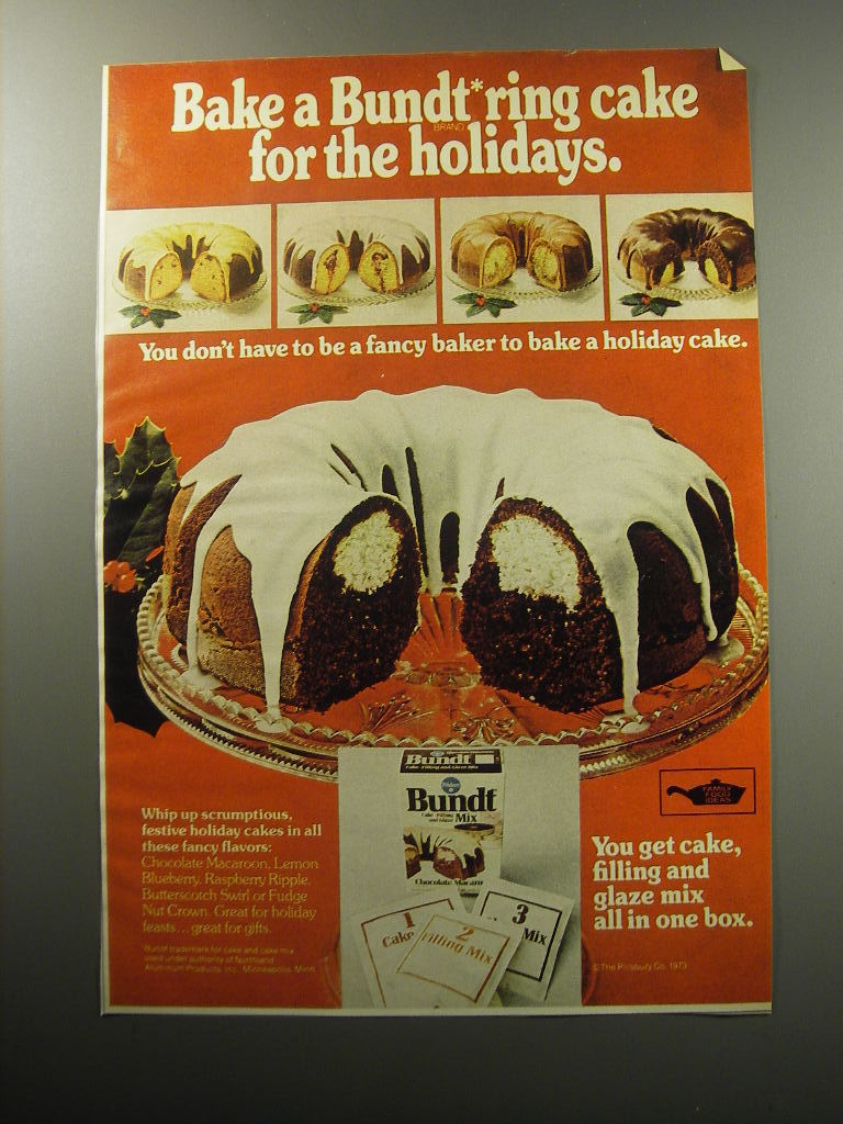 Show full-size image of 1973 Pillsbury Bundt Cake Mix Ad - Bake a Bundt ring Cake for the holidays