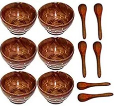 Handmade Wooden Classic Serving Bowl With Spoon Set Of 6 Pcs Brown - $28.73