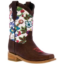 Kids Western Boots Flowers Brown Leather Square Toe Cowgirl Botas - $54.99