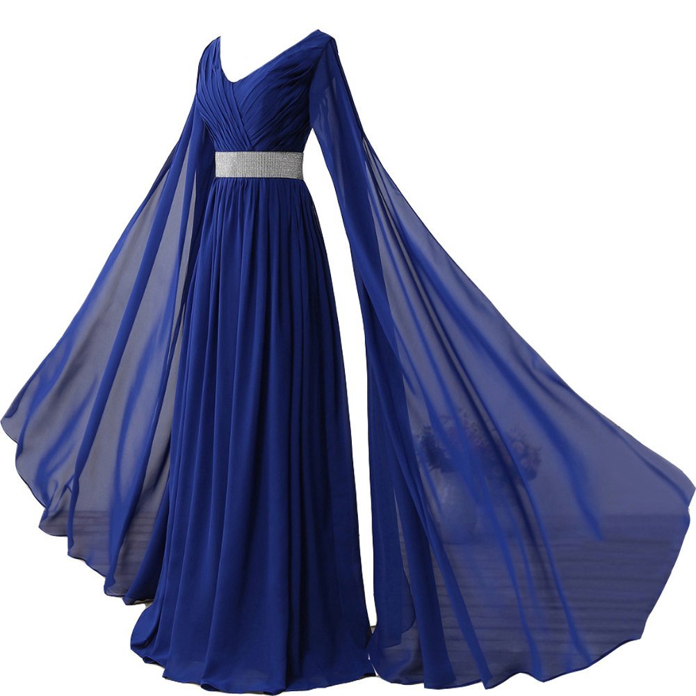 Kivary V Neck Long Sleeves Chiffon Goddess Prom Vintage Evening Dresses Royal Bl