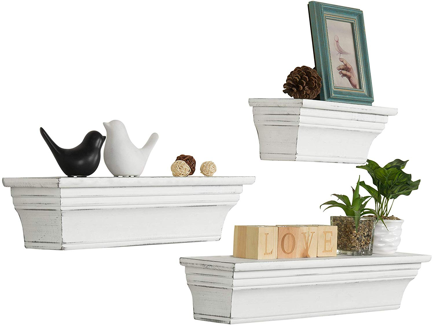 MyGift WallMounted Vintage White Wood Floating Shelves, Set Of 3