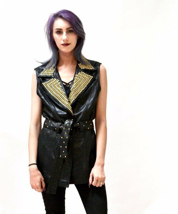 Women's Black Handmade Genuine Leather Belted Gold Silver Cont Studded Long Vest