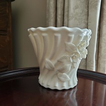 Vintage Milk Glass Vase or Planter with Raised 3D Flowers Roses, maybe Lefton?