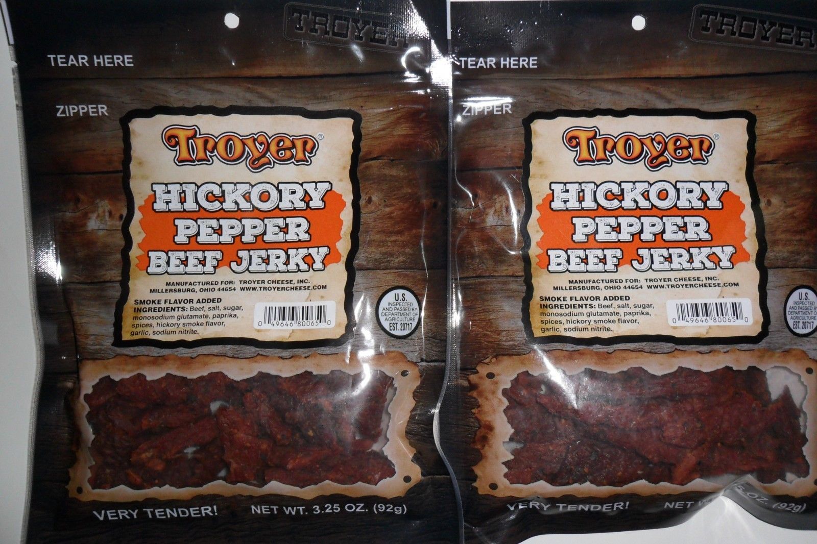 Troyer Beef Jerky Hickory Pepper (2) 3.25 oz Buffalo, Beef & Turkey Jerky