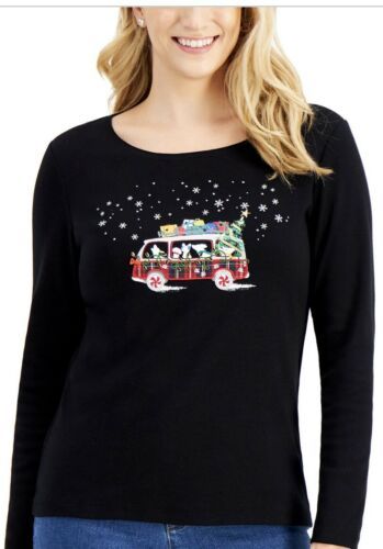 Karen Scott Holiday Graphic Scoop Neck Womens  Cotton Black T-Shirt Top
