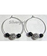 1 1/2&quot; Silver Plate Black Beaded Glitter Hoop Earrings - $13.00