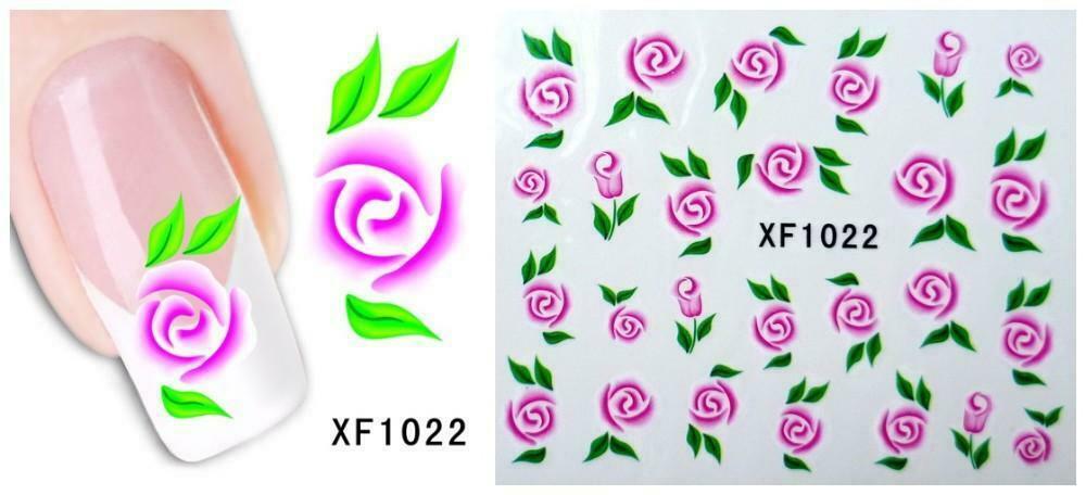 Nail Art Water Transfer Sticker Decal Stickers Pretty Flowers Pink Green XF1022