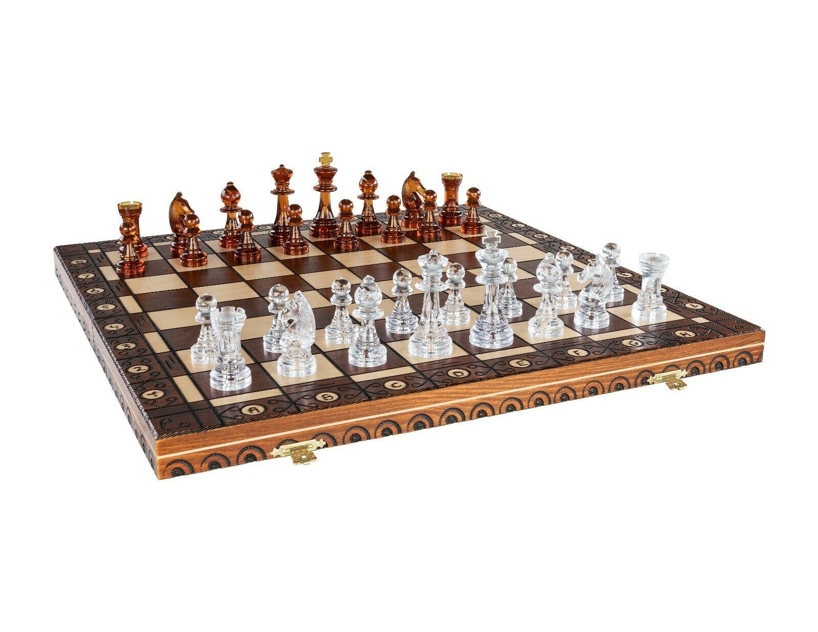 Luxury handmade chess set-Brass chessmen walnut mosaic chess board