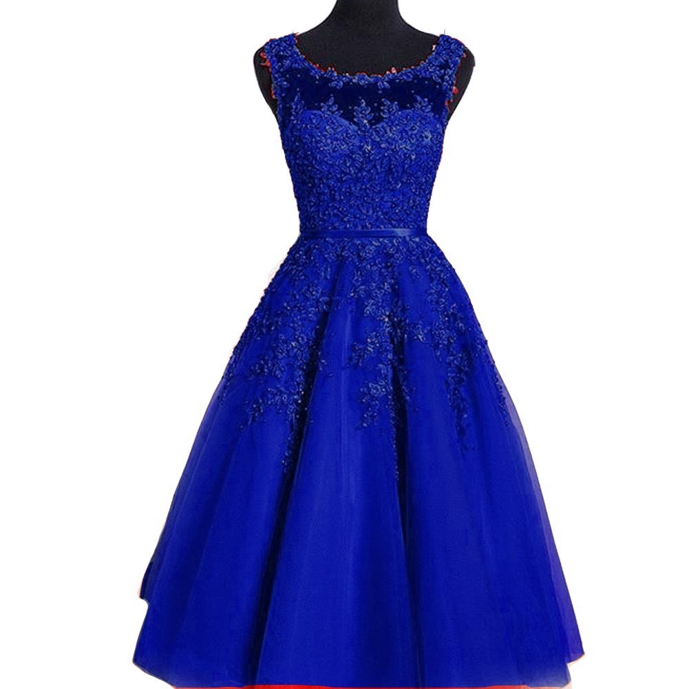Kivary Sheer Bateau Tea Length Short Lace Prom Homecoming Dresses Royal Blue US