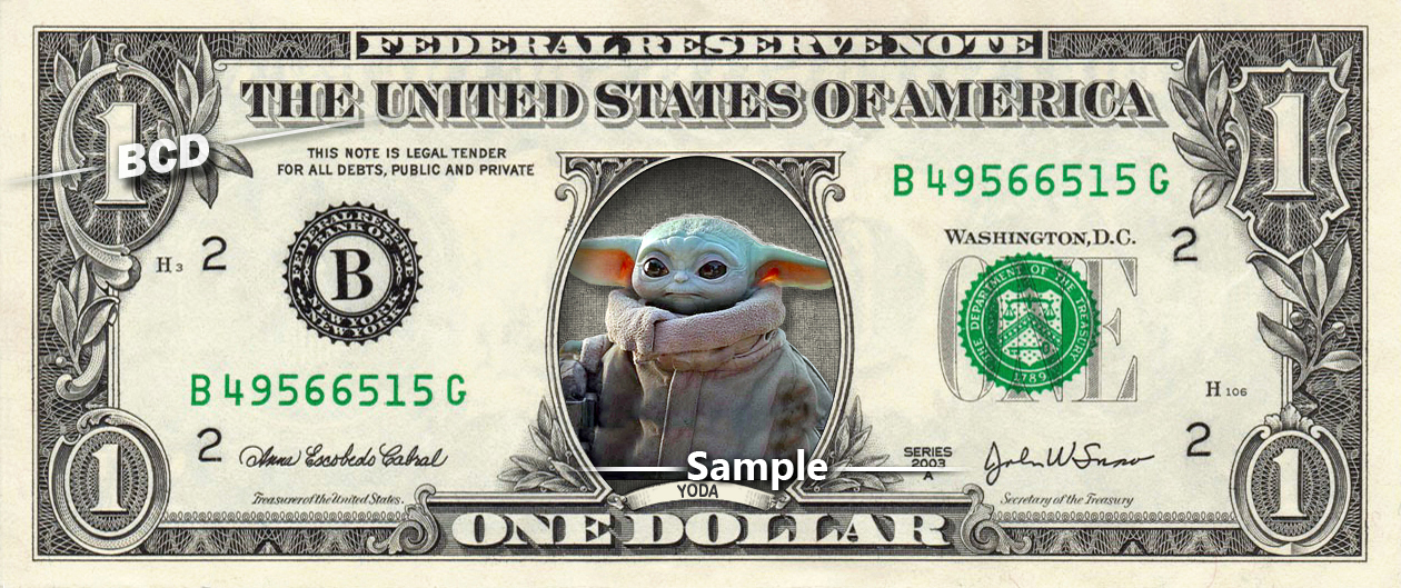 BABY YODA on a REAL Dollar Bill Star Wars Cash Money Memorabilia ...