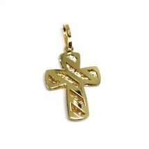 18K YELLOW WHITE GOLD CROSS 20mm, 0.8 inches, DOUBLE SLAB STRIPS SQUARED WORKED image 1