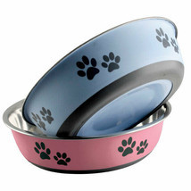 Pawprint Dog Bowls Rubber Base Stainless Steel Pet Dish Pick Blue or Red... - $13.75+
