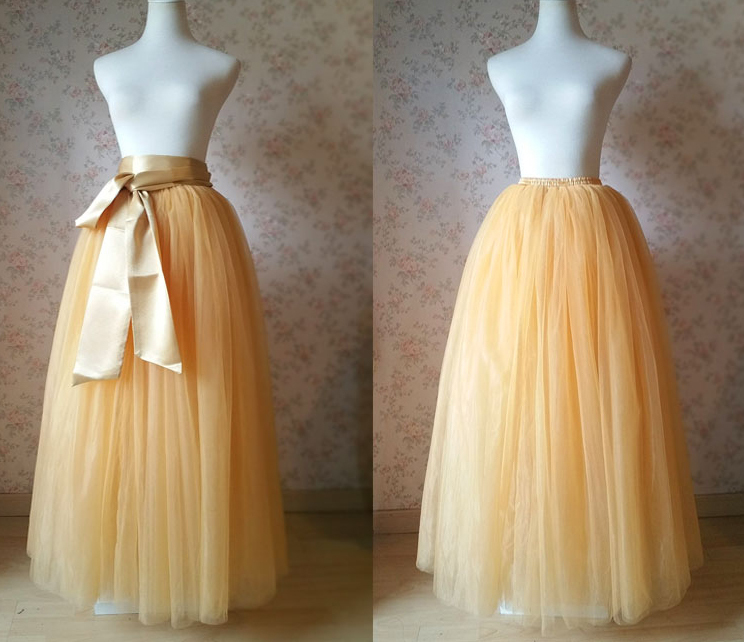 Golden Floor Length Tulle Skirt Long Puffy Tulle Skirt for Bridal Photo-shoots