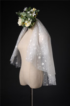 Elbow Length Wedding Bridal Veils Layer Moon Star Pattern Lace Tutu White Veils  image 3
