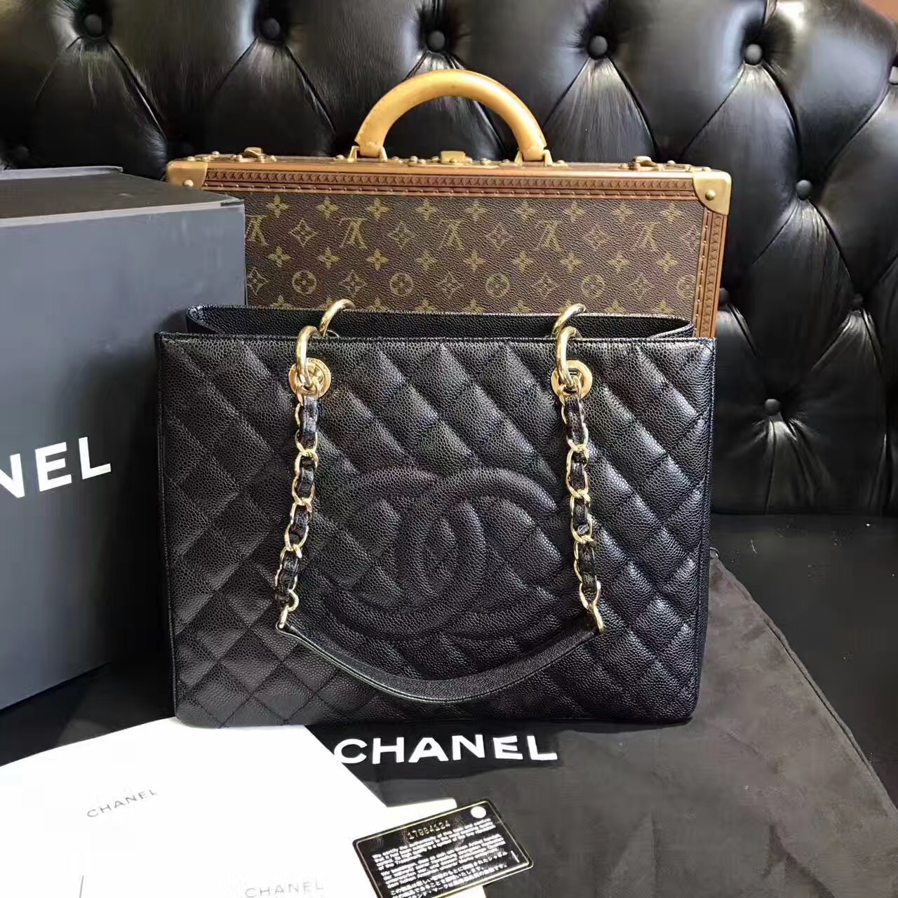 100 AUTHENTIC CHANEL CAVIAR GST GRAND SHOPPING TOTE BAG BLACK GHW