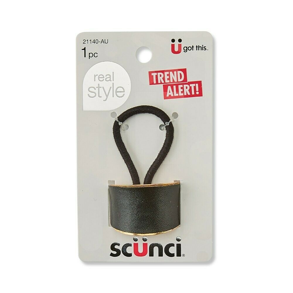 Scunci Ponytail Faux Leather Dome Plastic Black & Gold 2 Pack New