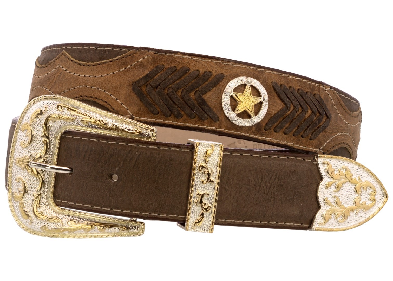 Cowboy Western Dress Belt Concho Overlay Studded Real Leather Brown Cinto Rancho Belts