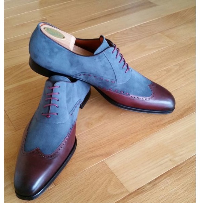 Handmade Men Two Tone Wing Tip Shoes, Men Blue And Brown Formal Dress ...