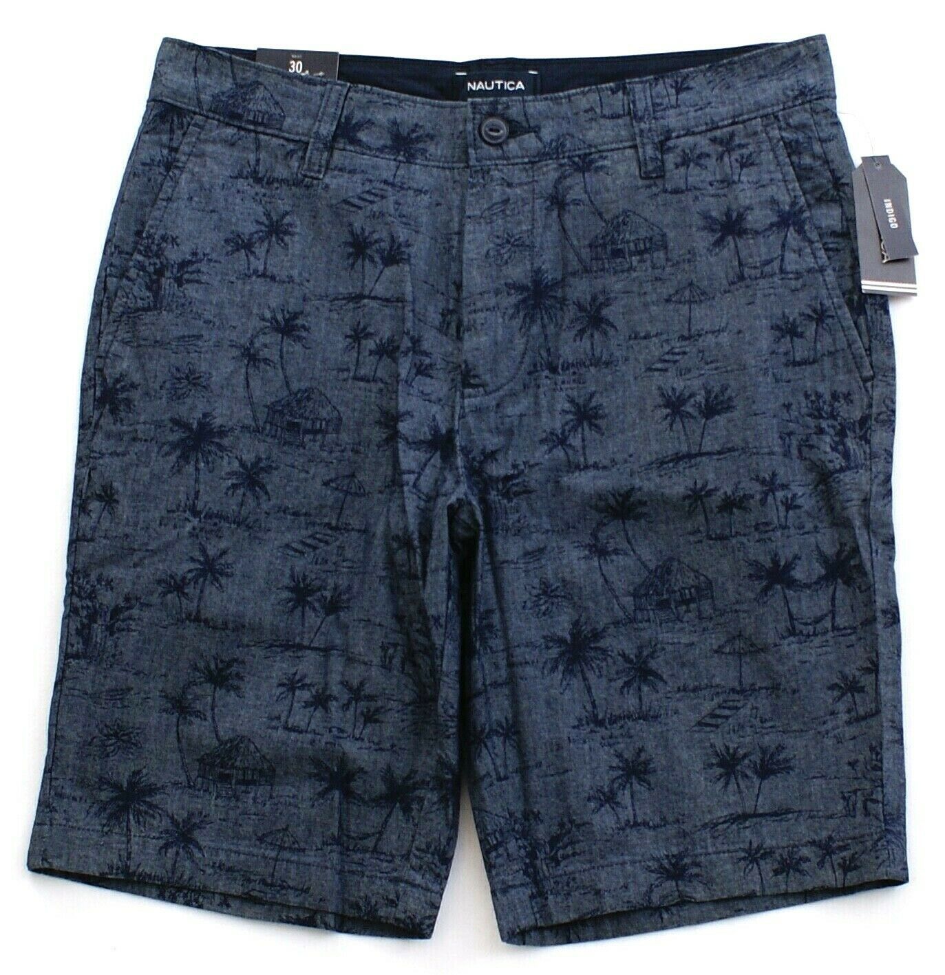 Nautica Slim Fit Indigo Blue Tropical Print Cotton Casual Shorts Men's ...